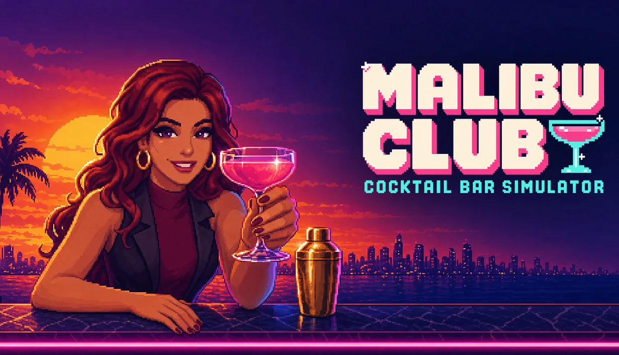 Malibu Club: Cocktail Bar Simulator. Roxy Vale raises a pink cocktail at the bar against a pixel-art sunset.
